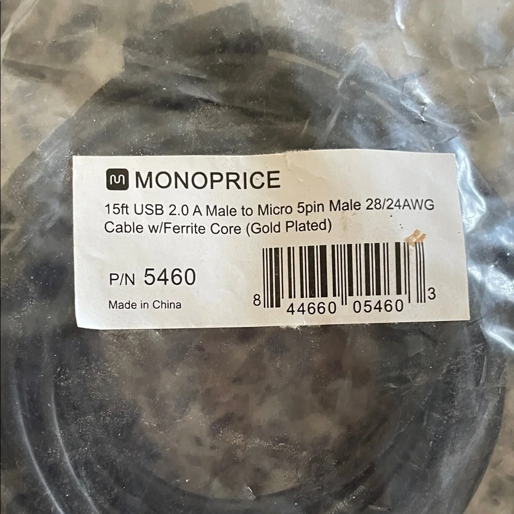 15ft USB 2.0 A Micro 5pin Male 28/24 AWG Cable w/ ferrite core gold plated